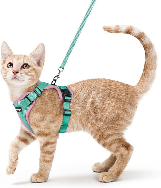 rabbitgoo Cat Harness and Leash Set, Escape Proof Vest Harness for Safe Outdoor Walks, Soft Breathable Adjustable Vest with Reflective Strips for Small and Average Cats, Green & Pink, S