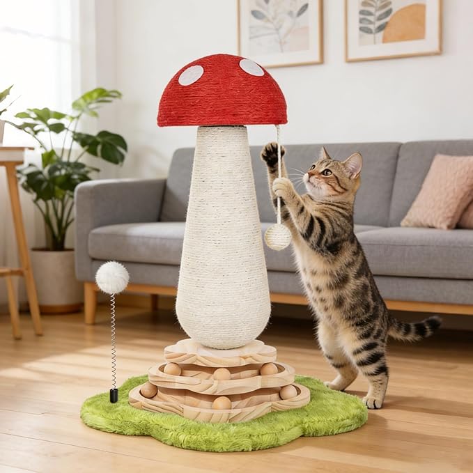 Mushroom Cat Scratching Post Cat Tree, Cute Cat Scratcher Tower with Interactive Ball Two-Layer Track Spring Ball Toys, Mushroom Scratch Post Cat Sisal Scratcher with Catnip for Indoor Cats