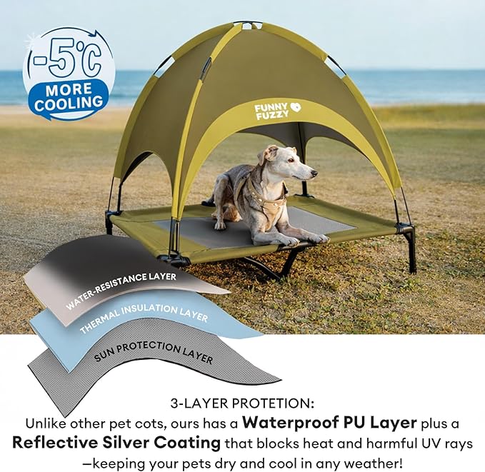 FUNNY FUZZY Elevated Dog Bed with Canopy for Large Dogs up to 120 lbs– Raised Dog Cot Bed with UV Shade,Waterproof,Breathable Mesh,Outdoor & Indoor Use,Portable,Green(36"×30"×7")