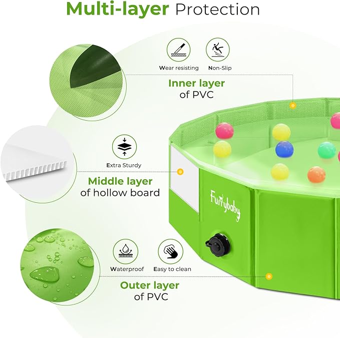 Foldable Dog Pool 40", Hard Plastic Kiddie Pool for Dogs, Collapsible Dog Pool with Rigid PP Core, Non-Slip PVC, Durable Pet Bath Tub for Indoor/Outdoor Backyard, Green