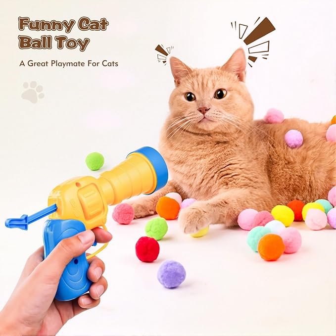 Kerros Interactive Cat Ball Toy with 1 Plastic Launcher Gun and 30 Fuzzy Pom Pom Balls, Funny Interactive Cat Toys for Indoor Self Play Cat Kitten Toys for Swatting, Biting, Hunting, Exercise