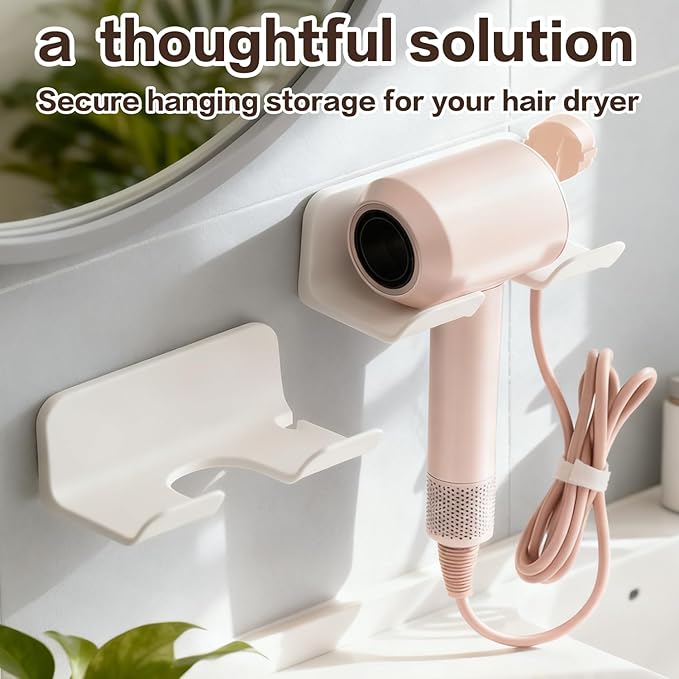 Universal Hair Dryer Holder Wall Mount, Blow Dryer Hanger with Plug Cord Organizer, No Drilling Self Adhesive for Bathroom Cabinet Door Vanity (1PCS, White)