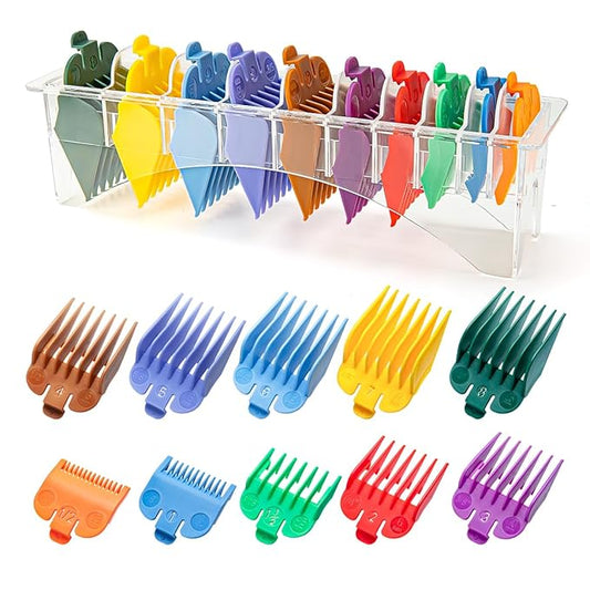 10 Professional Hair Clipper Guards Cutting Guides Compatible with Most Wahl Clippers (Not for All Models) with Organizer, Color Coded Clipper Combs Replacement - 1/16" to 1"