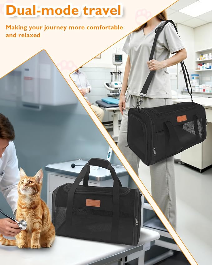 PETUX Airline Approved Pet Carrier - 17x11x9.5 in, Underseat, Top & Side Entry, Soft Sided Cat Carrier for Small Cat Up to 12 lbs with Breathable Anti-Scratch Mesh for Travel & Vet - Black
