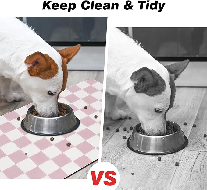 CooRug Checkered Dog Food Mat, Absorbent Leak-Proof Pet Feeding Mat, Quick Dry Cat Food Mat for Messy Drinkers 12" x 20" Pink