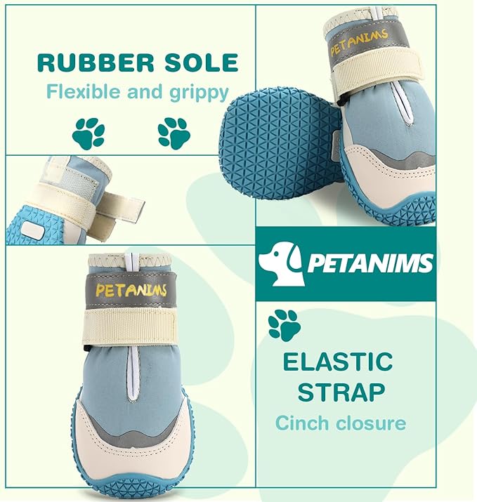 Petanims Dog Shoes for Large Dogs, Medium Dog Boots & Paw Protectors for Winter Snow, Waterproof Dog Booties for Hot Pavement, Hardwood Floors, for Rainy Blue Size 4