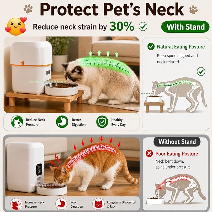 SZEE Cat Food Stand for Automatic Feeder & Tradition Bowls, Elevated Cat Food Table Station, Raises Feeder/Bowl by 2 3/8", Premium Solid Wood Material, Relieves Spine and Joints Noticeably on Pets