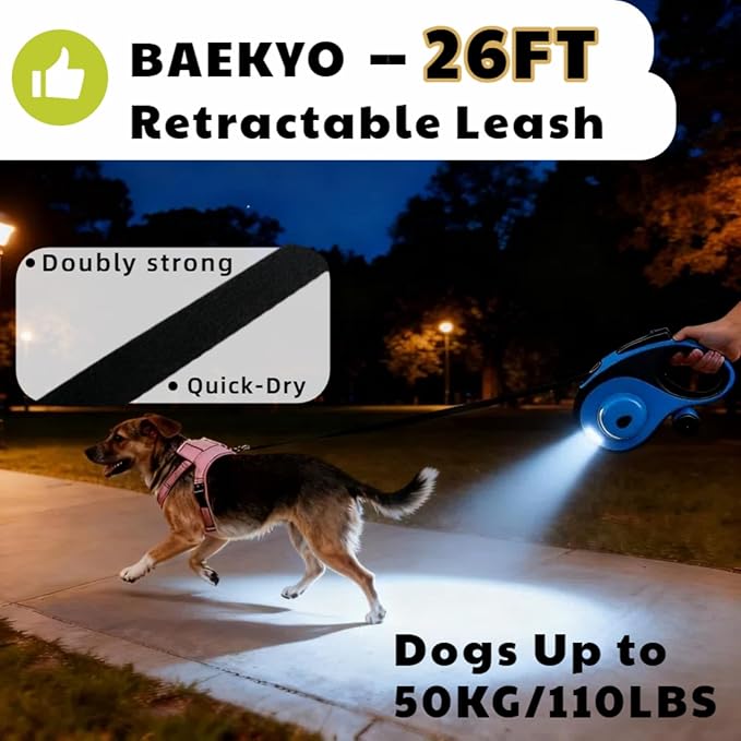 26ft Retractable Dog Leash for Large Dogs with Poop Bag Holder and LED Light,Heavy Duty Retractable Dog Leash with Chew Proof Extender,One-Hand Lock System,Impact-Resistant,Up to 110 lbs (Blue)