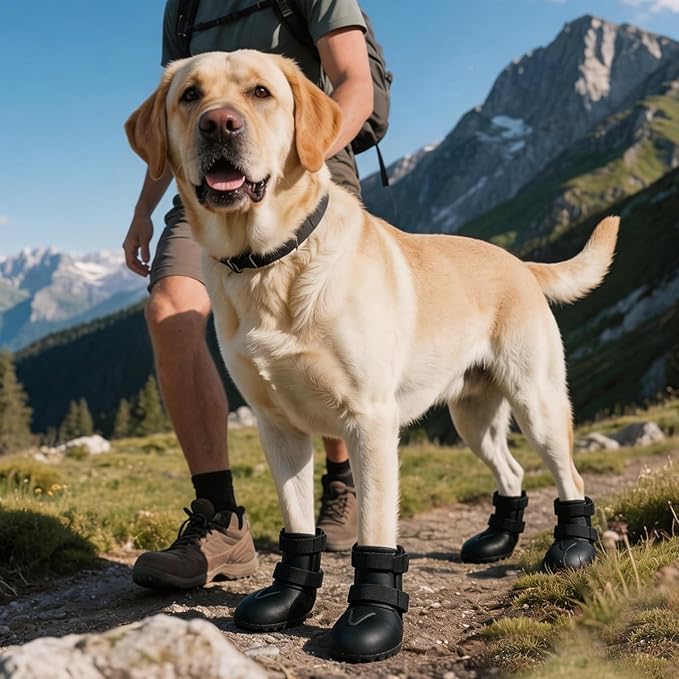 4 Pcs All-Weather Boots for Dogs – Waterproof Silicone Paw Protectors for Summer Heat, Winter Snow, Hiking Trails & Beach, with Easy-On Wide Cuff and Dual Security Straps Black XXL