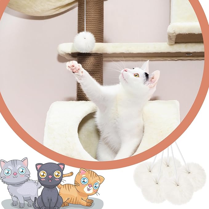 Simgoing 15 Pack Cat Tree Ball Replacement Parts Hanging Interactive Cats Toy with Bell Elastic Rope Pom Pom Kitten Scratching Post Tree Tower Parts Ball Fit Most Cat Towers Indoor Kitten(Beige)