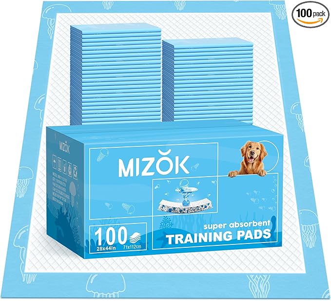 MIZOK Dog Pee Pads 28x44in Dog Pads XXL Super Absorbent Up to 12 Cups Marine Scented Odor-Control Pee Pads with Jellyfish Pattern, Quick Dry & Leak-Proof (100 Counts)