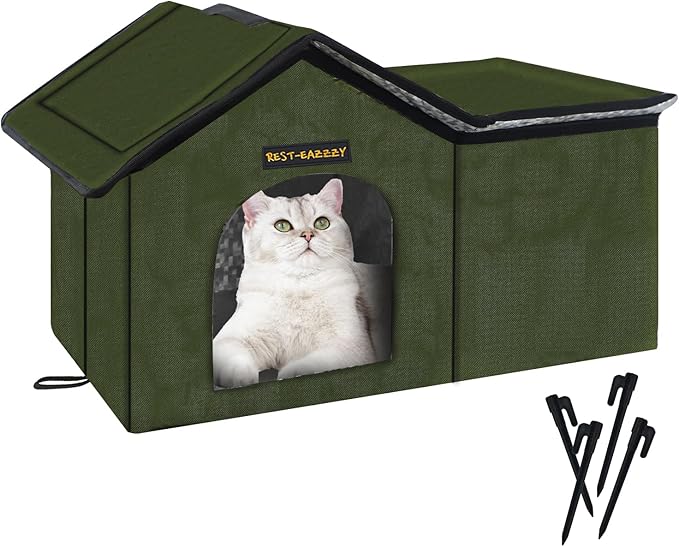Rest-Eazzzy Cat House for Outdoor Cats, Weatherproof and Insulated Feral Cat House with Mat and Clip, Easy to Put Together, Selfwarming Cat Shelter for Summer(Green, Waterproof House-S)