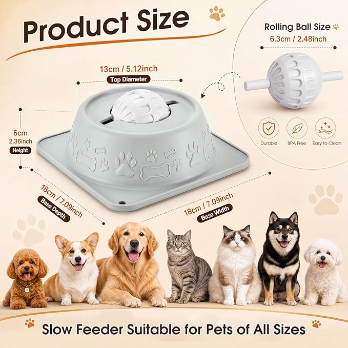 Slow Feeder Dog Bowls, Anti-Slip Dog Lick Bowl with Interactive Rolling Ball, Anxiety Relief Liquid Treat Feeder, Bone Broth Yogurt Licking Toy for Small Medium Large Dogs and Cats(Gray)