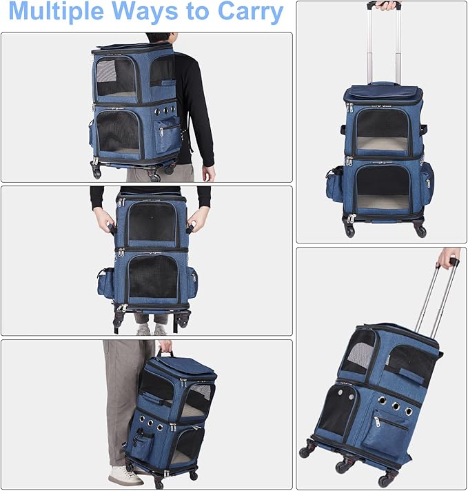HOVONO Double-Compartment Pet Carrier Backpack with Wheels for Small Cats and Dogs, Cat Rolling Carrier for 2 Cats, Perfect for Traveling/Taking a Walk/Trips to the Vet, Blue