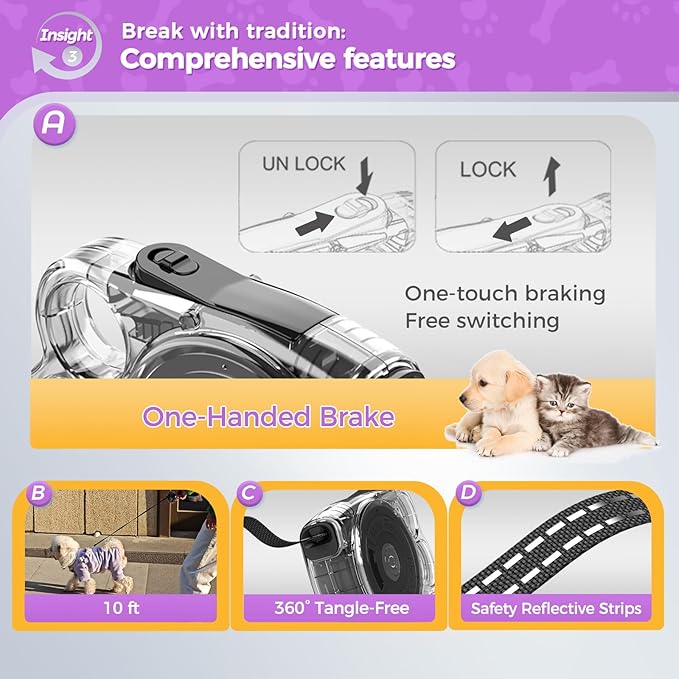 10ft Retractable Dog Leash for Small Dogs, Puppies and Cats, 360° Tangle-Free Walking Leash, One-Handed Brake, Compact Portable for Pets of Small Size