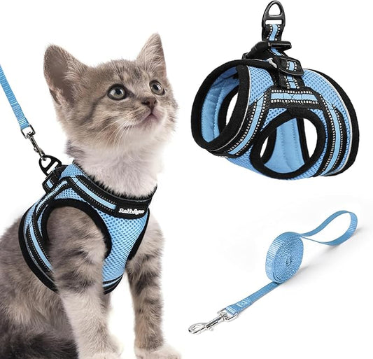rabbitgoo Cat Harness and Leash, Step-in Escape Proof Kitten Harness Set, Soft Comfortable Cat Vest, Easy to Wear and Adjust, Reflective for Safe Outdoor Walking, Light Blue, Small