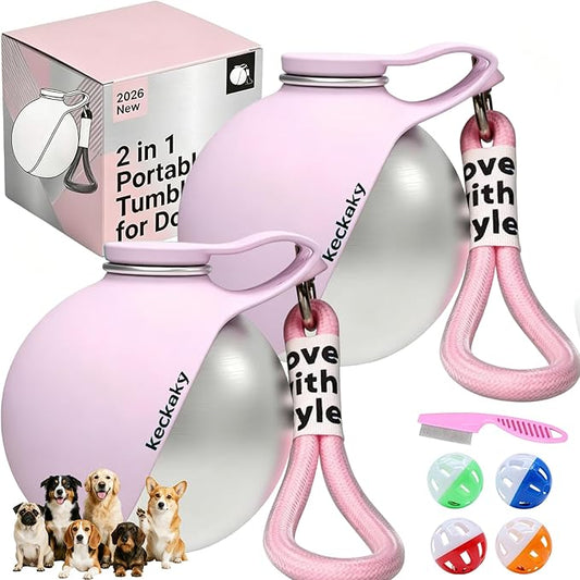 2 in 1 Portable Dog Water Bottle, 2026 New 10oz Spherical Stainless Steel Pet Bottle with Silicone Foldable Bowl, No-Spill Leak-Proof Design, Dog Water Bottle for Walking, Hiking, Travel (Pink*2)