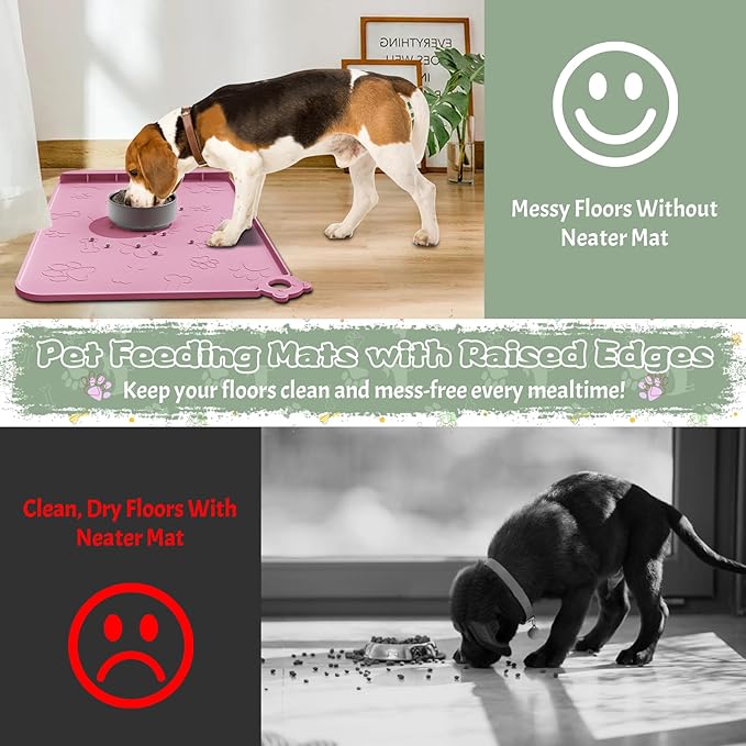 Dog Food Mat, Silicone Dog Mat for Food and Water -Pet Feeding Mats with Residue Collection Pocket, Waterproof Dog Cat Bowl Mats with Raised Edges and Hooks, Placemats for Cats and Dogs Water Bowl