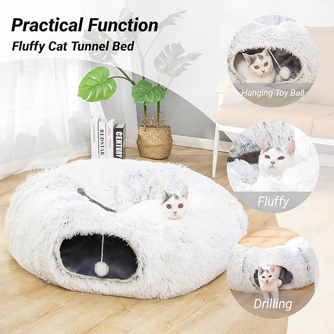 Warm Fluffy Plush Cat Dog Tunnel Bed Under Christmas Tree Big Tube Playground Toys 3 FT Diameter Longer Crinkle Collapsible 3 Way, for Indoor Cat Kitty Kitten Puppy Rabbit Ferret White
