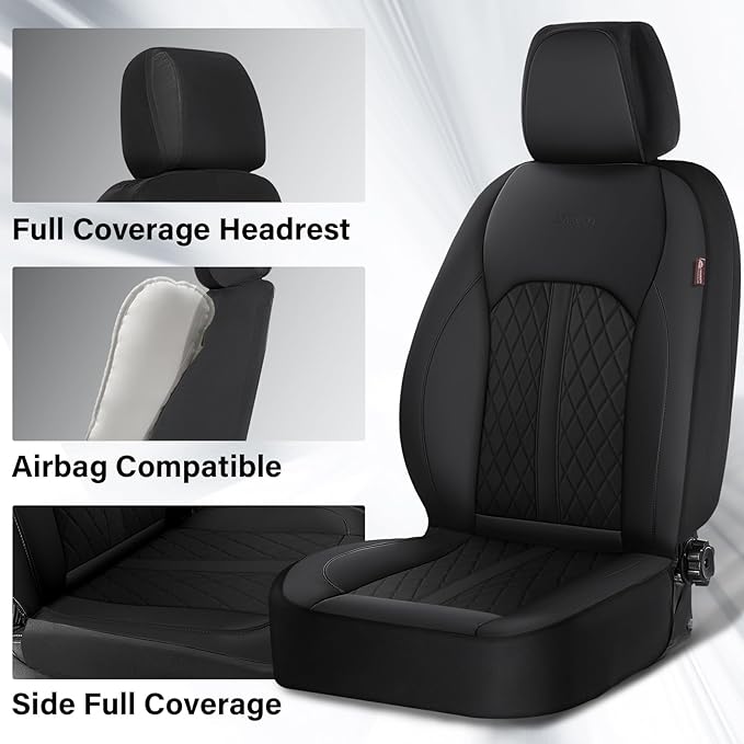Coverado Universal Leather Seat Covers Front Seats, 2-Pack Seat Covers for SUV, Pickup Truck, Sedan, Automotive Vehicle Interior, Waterproof and Durable All Weather Protector，Black