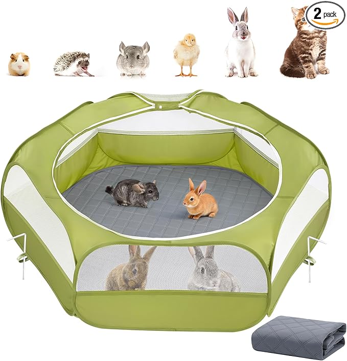 2-in-1 Small Animals Playpen with Pad, Waterproof Small Pet Cage Tent with Reusable Pad, Portable Outdoor Yard Fence with 3 Metal Rod for Chick/Kitten/Puppy/Guinea Pig/Rabbits/Chinchillas, Green+Gray