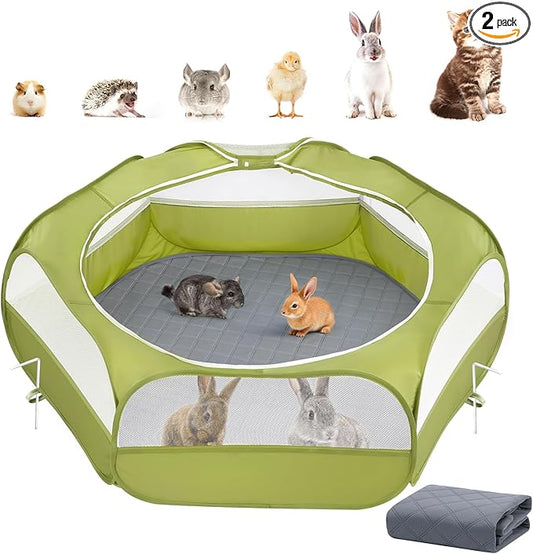 2-in-1 Small Animals Playpen with Pad, Waterproof Small Pet Cage Tent with Reusable Pad, Portable Outdoor Yard Fence with 3 Metal Rod for Chick/Kitten/Puppy/Guinea Pig/Rabbits/Chinchillas, Green+Gray