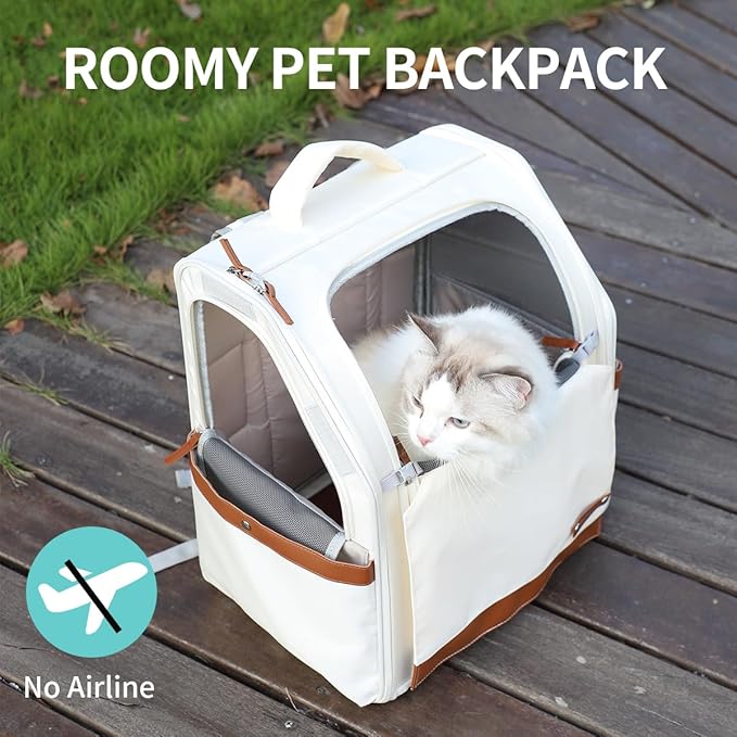 Large Cat Carrier Backpack, Shaded Small Dog Backpack with Breathable Mesh, Soft Side Safety Pet Backpack for Hiking, Travel, Outdoor, White