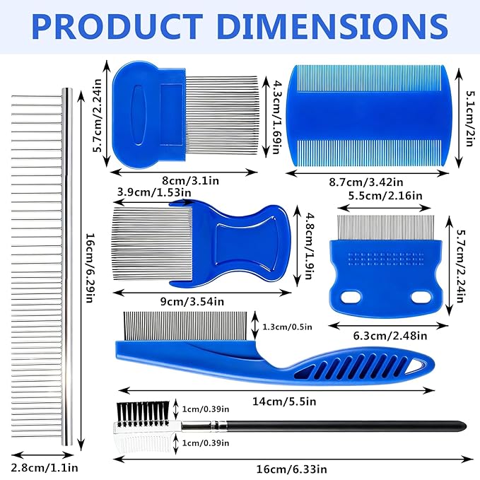 7 Pack Pet Grooming Comb Set, Stainless Steel & Plastic Dog Cat Combs, Rounded Teeth Detangling Comb, Tear Stain Cleaning Comb, Eye Hair Comb for Small Medium Large Puppy Kitten