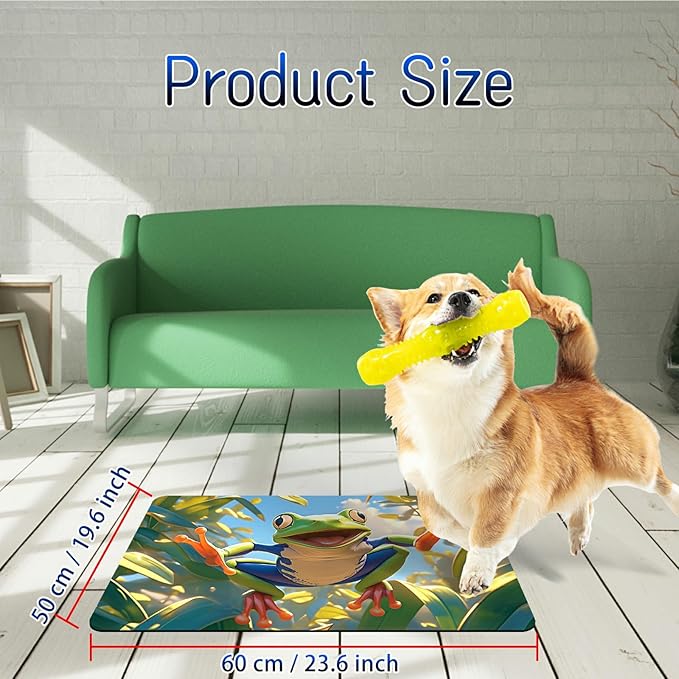 Dog Food Mat, 19.6" x 23.6" Absorbent Pet Feeding Mat for Food and Water, Waterproof Diatom Mud Pet Placemat with Non-Slip Rubber Backing, Easy Clean Cat Bowl Mat for Floors - Frog Green Leaf