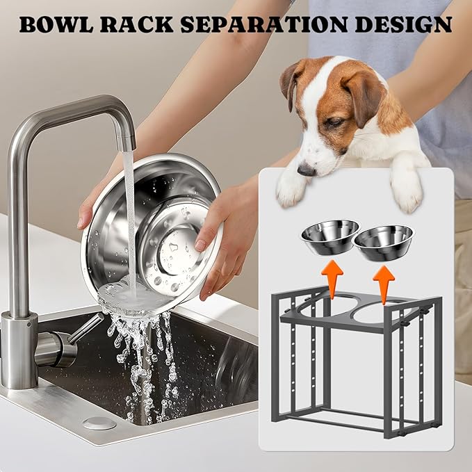 Elevated Dog Bowls for Medium Breed: 4 Height Adjustable Raised Dog Bowl Feeder Station with 2 Stainless Steel Bowls, Grey