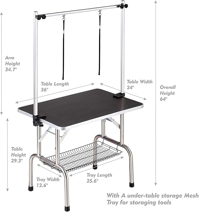 Pet Dog Grooming Table, Foldable Stainless Steel Pet Drying Grooming Table Up to 330lbs, Professional Bathing Desk for Dogs at Home with Adjustable Overhead Arms, Noose, Mesh Tray, 36''/Black