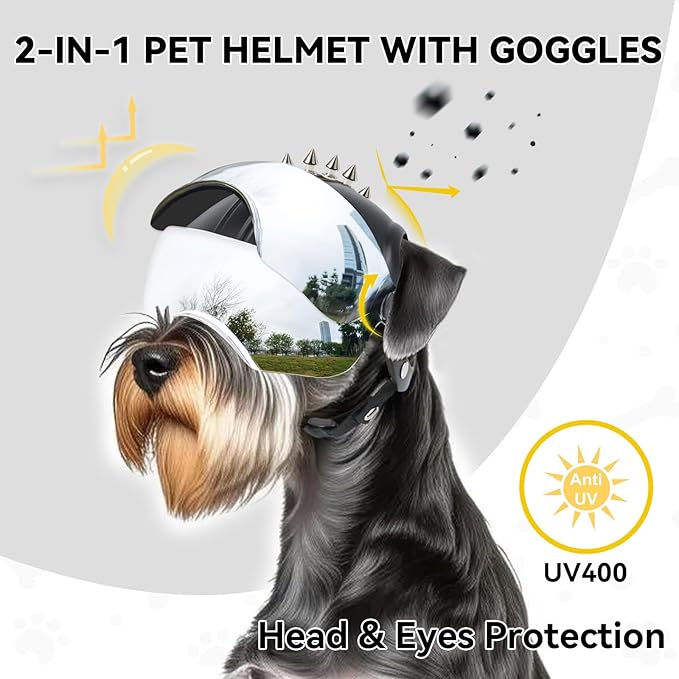 Small Dog Helmet, Pet Motorcycle Helmet with Ear Holes, Adjustable Pet Safety Hat with Flip-Up Silver Visor, Small-Medium Puppy Heads Protection, Spiked