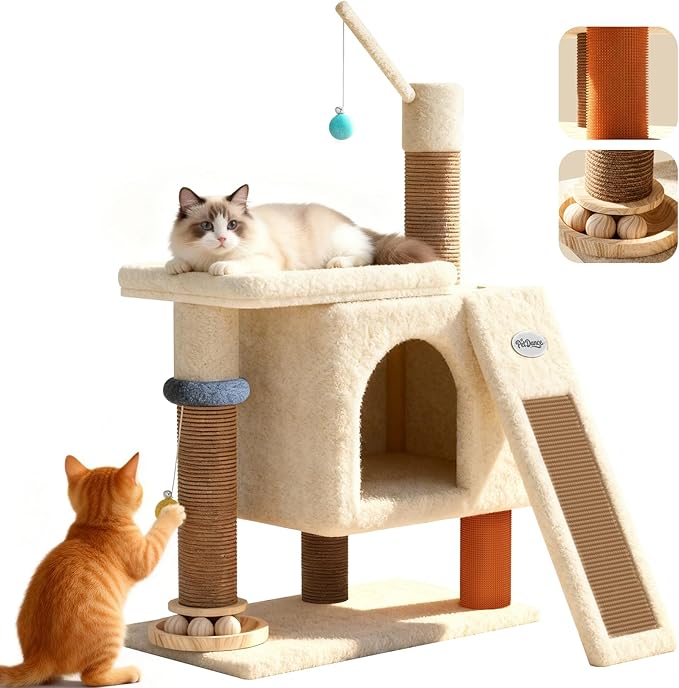 【Scratch & Playhouse】 PetDance Small Cat Tree Tower with Scratching Posts【100% Natural Sisal 】, Wood Track Ball Toy & Self-Grooming Brush for Bored Indoor Cats, Oatmeal
