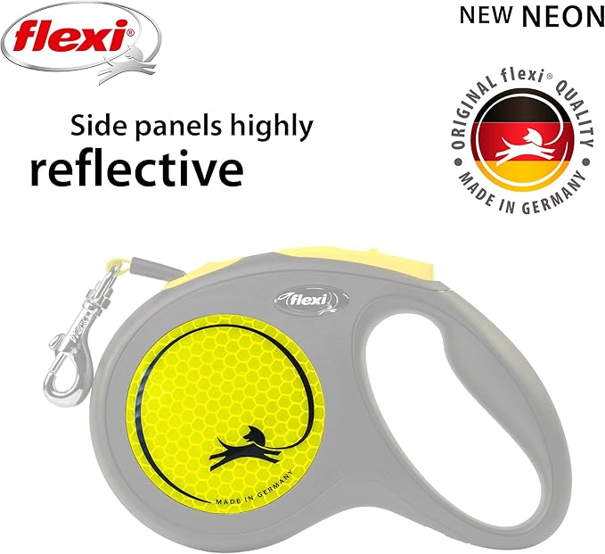 FLEXI New Neon Tape Retractable Dog Leashes for Medium Dogs Upto 55 lbs. – 16 ft., Neon Yellow/Black | Tangle Free Pet Walking Leash with One-Handed Brake, Pause, Lock|German Quality Product