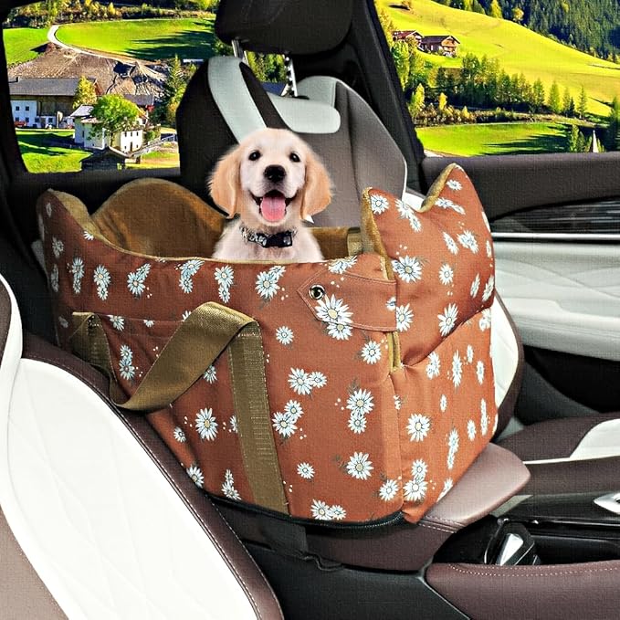 Dog Center Console Car Seat – Small Dog Booster Seat, Portable Armrest Car Travel with Anti-Collapse Design, Washable Fluffy Cushion & Pillow, Up to 15 lbs (Coffee Color)