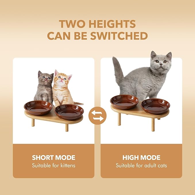 Havniva Elevated Cat Bowls Raised Ceramic Cat Bowl, 5.9” Wide Opening Cat Food Bowl Whisker Friendly Cat Dish Anti-Slip with Bamboo Stand, Shallow Pet Food & Water Bowl for Indoor Cats