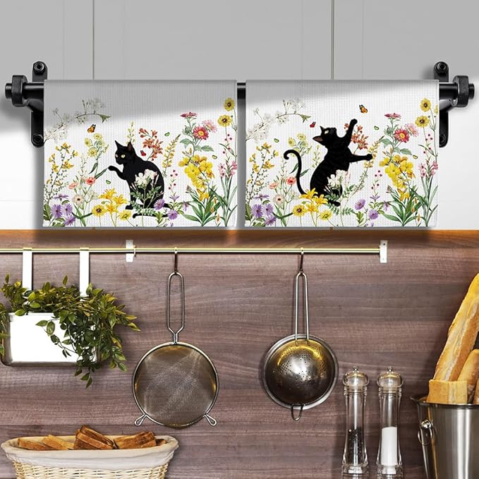 2-Pack Black Cat & Floral Kitchen Towels Decorative Set - Playful Feline Set-Quick-Drying Decorative Design Hand Towels for Cooking, Bathroom Decor - Purrfect Funny Gifts for Cat Lovers for Women