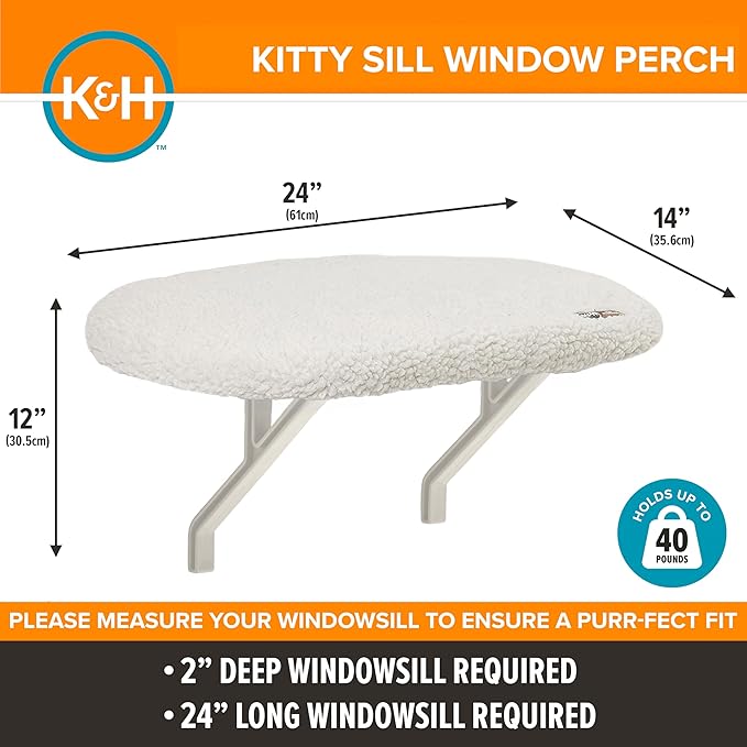 K&H Cat Window Perch for Large Cats - Heavy Duty Kitty Sill Bed Holds 40 lbs, Orthopedic Cushion, Washable Cover, Soft Fleece Window Hammock, 24x14 Inch, Cream
