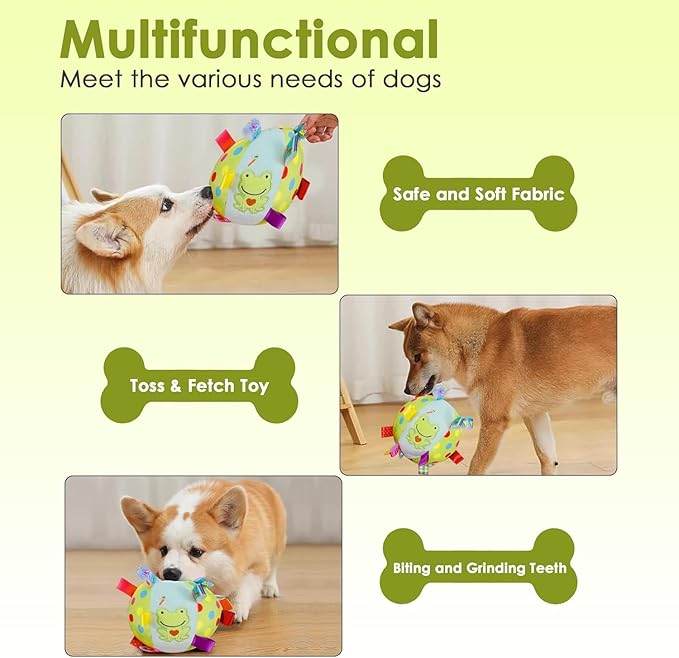 Letalong Dog Squeaky Plush Toy with Straps, 6-Inch Soft Stuffed Ball with Cotton Material and Bell Built-in, Pet Interactive Fetch Toy for Small to Large Dog