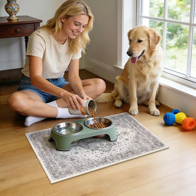 Boho Dog Feeding Mat, Absorbent Cat Matt for Food, Non Slip Pet Water Bowl Placemat Small for Floor, Beige & Charcoal & Brown Indoor Dog Eating Dish Mat 12"x20"