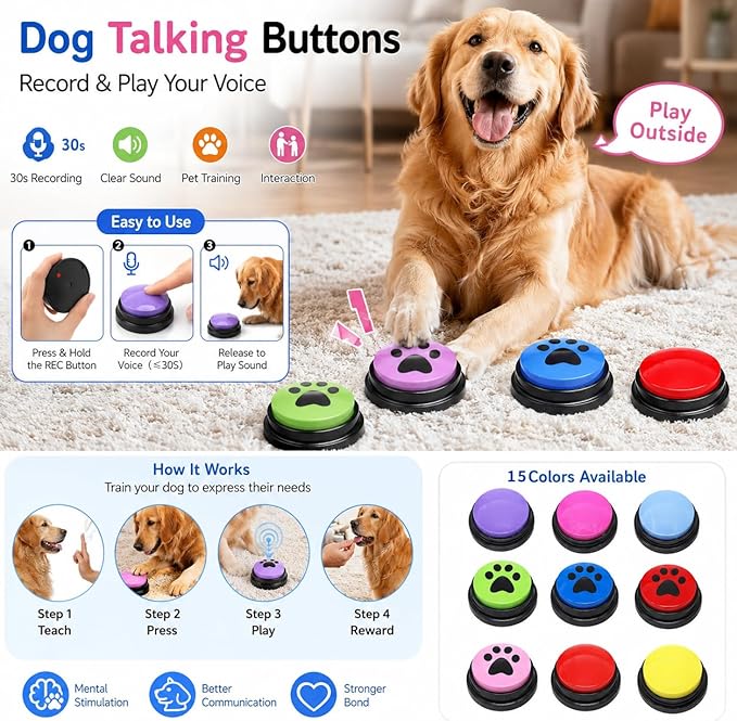 Dog Talking Buttons for Communication, Recordable Pet Training Buzzers with 30 Seconds Voice Recording, Interactive Dog Speech Buttons for Puppy Learning, Communication & IQ Training Toys (rose red)