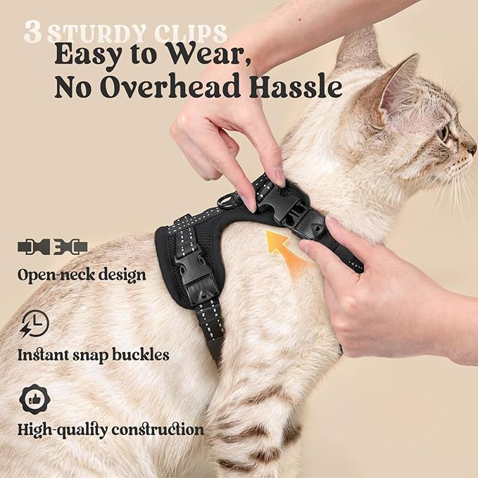 rabbitgoo Cat Harness and Leash, Escape Proof Vest with 3 Adjustable Buckles, Soft Comfortable Kitten Harness, Easy to Wear, Reflective for Safe Outdoor Walking, Small, Black
