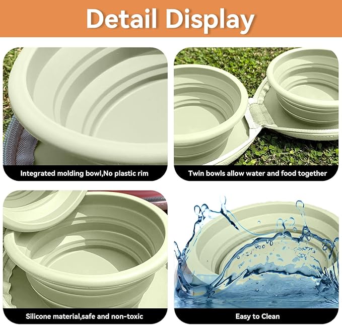 Collapsible 2-in-1 Dog Bowls: Leakproof Double Silicone Food & Water Bowl for Travel, Camping, Hiking - Portable Cat & Dog Feeding Supplies (Beige)