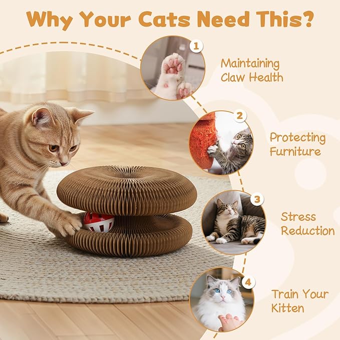Magic Organ Cat Scratcher Cardboard, Interactive Scratch Cat Toy with Bell Ball, Foldable Scratching Board, Corrugated Cardboard Scratch Pad for Indoor Cats, Round(1PCS)