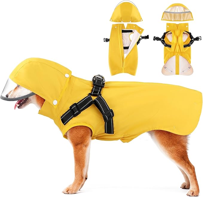 SlowTon Dog Raincoat Waterproof - Dog Rain Jacket with Harness and Hood Lightweight, Reflective Dogs Rain Coat for Large Medium Small Dogs Pet Clothes (Y, L)