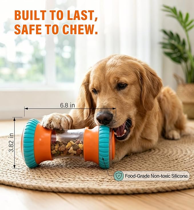 Interactive Dog Puzzle Toy & Slow Feeder-Fully Detachable Dishwasher Safe Treat Dispenser, Stepless Adjustable Dual Ports for Kibble & Freeze-Dried, Whisper-Quiet Rubber Wheels for All Breeds