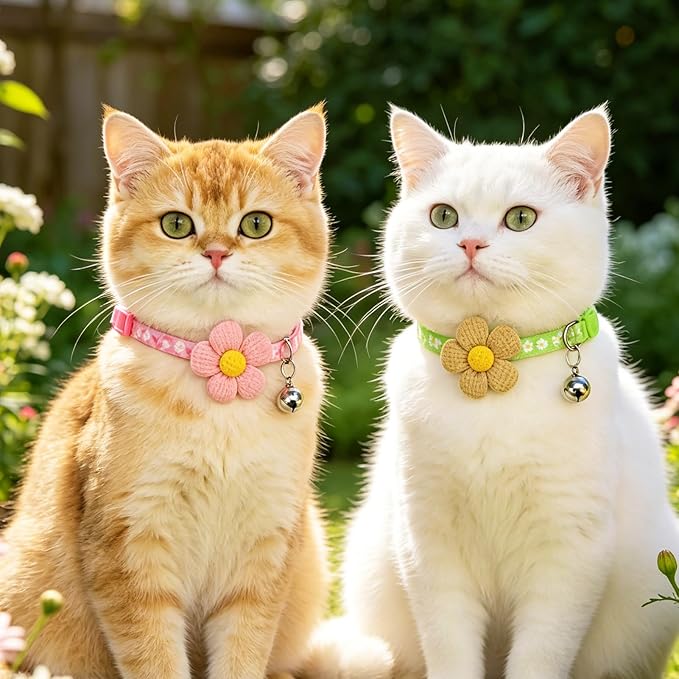 PUPTECK Cat Collar Breakaway with Bells, Kitten Collar Outfit Adjustable for Girl Boy Small Pet Puppy Bunny, Cute Costume Accessory with Safety Release Buckle (Sticker-Flowers)