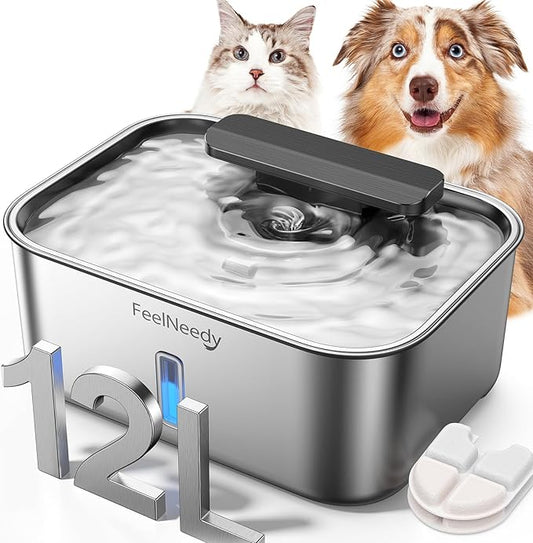 3.2Gal/12L Dog Water Fountain for Large Dogs, Stainless Steel Dog Water Bowl Dispenser with Deeper & Wider Drinking Area, FEELNEEDY Automatic Pet Fountain with Window & LED Light