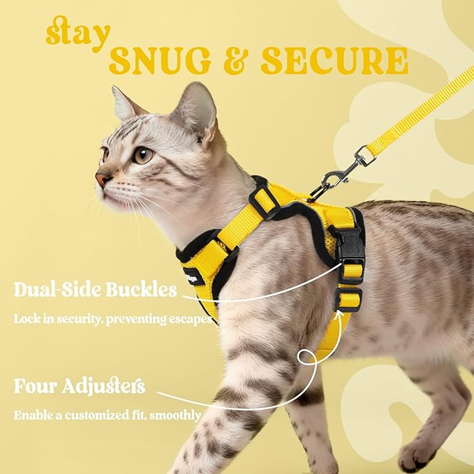 rabbitgoo Cat Harness and Leash Set, Escape Proof Vest Harness for Safe Outdoor Walks, Soft Breathable Adjustable Vest with Reflective Strips for Small and Average Cats, Yellow, S