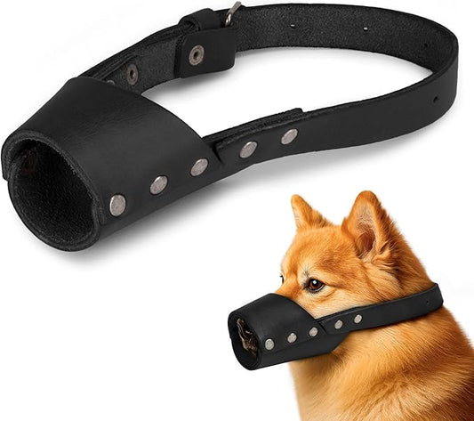 Taco Dog, Leather Dog Muzzle Guard Handmade from Full Grain Leather - Secure Training Cover, Mouth Guard Mask Prevents Biting Chewing (Charcoal Black, Small)